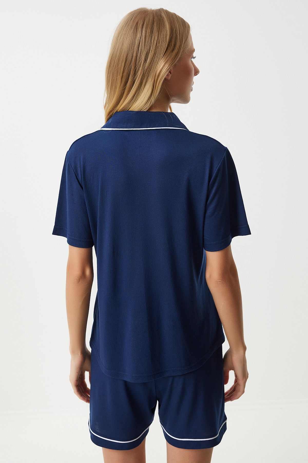 Lacivert Biye Detaylı Gömlek Şort Pijama Takımı EC00039