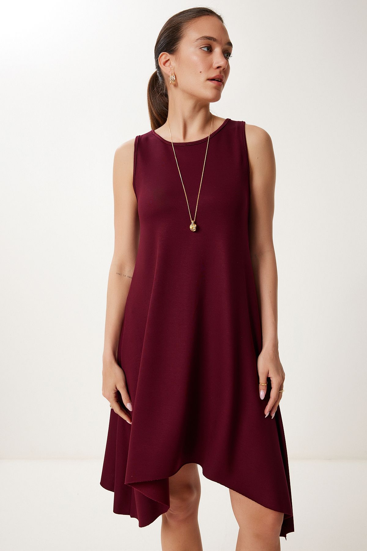 Bordo Asimetrik Kesim Yazlık Örme Elbise ZV00304