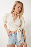 Krem Bağlama Detaylı Crop Keten Bluz NS00443