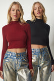 Bordo Siyah Dik Yaka Fitilli Kaşkorse 2’li Paket Crop Bluz ub00175