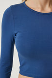 İndigo Mavi Bisiklet Yaka Basic Crop Örme Bluz OW00034