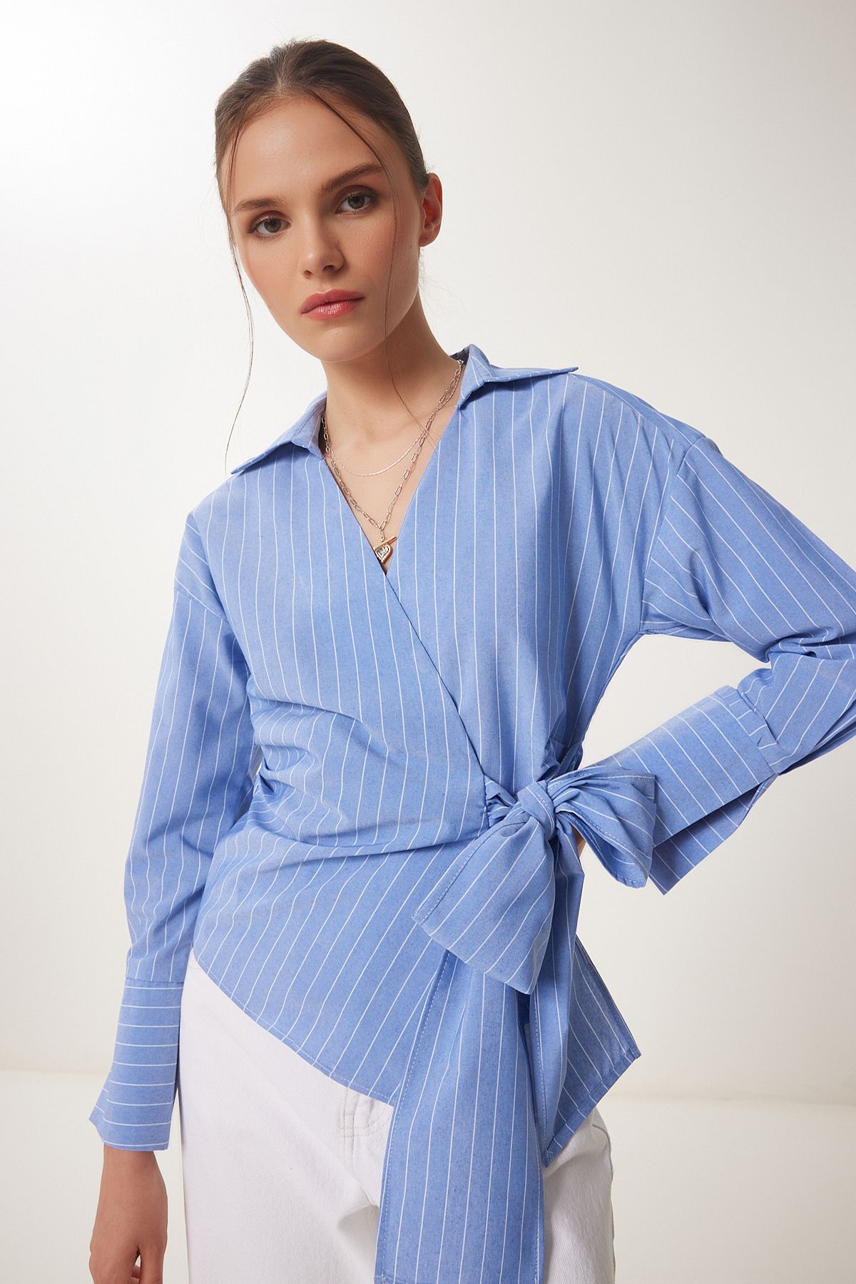 Mavi Gömlek Yaka Çizgili Anvelop Poplin Bluz DP00244