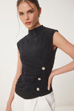 Siyah Drape Detaylı Düğmeli Sandy Bluz RX00057