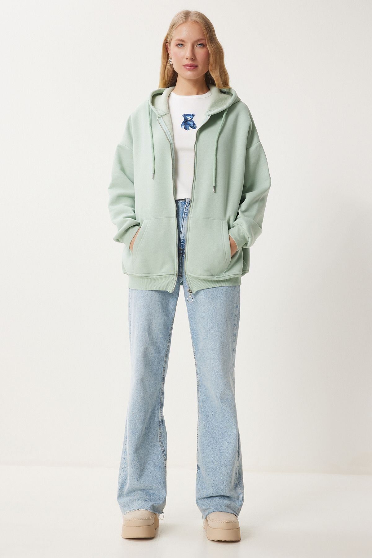 Su Yeşili Kapüşonlu Fermuarlı Oversize Sweatshirt UB00124
