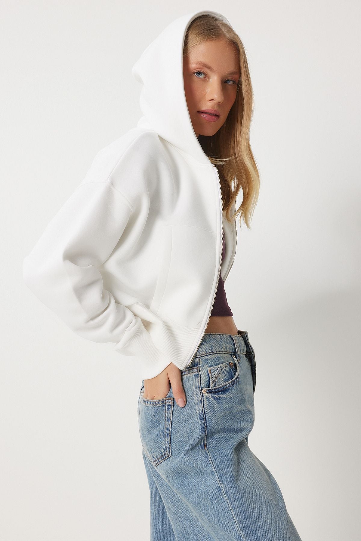 Ekru Kapüşonlu Şardonlu Fermuarlı Sweatshirt OW00051