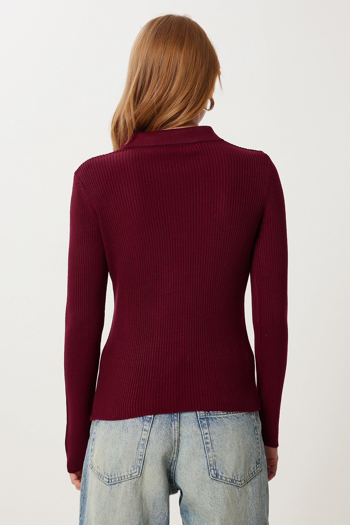 Bordo Polo Yaka Fitilli Örme Triko Kazak PF00119