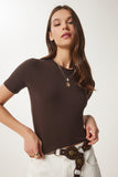 Kahverengi Bisiklet Yaka Crop T-Shirt UB00064