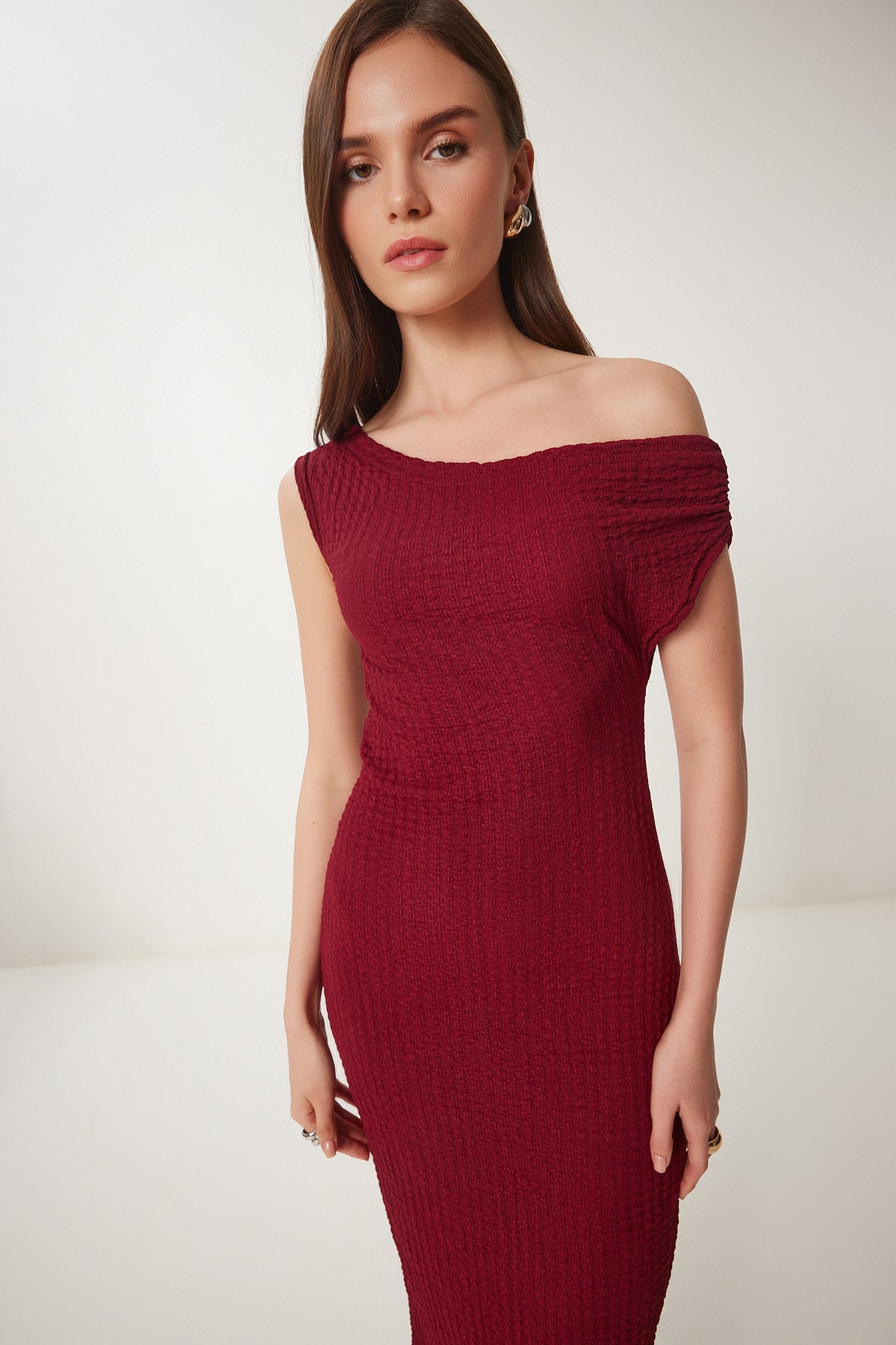 Bordo Dokulu Yazlık Midi Örme Elbise ZV00273