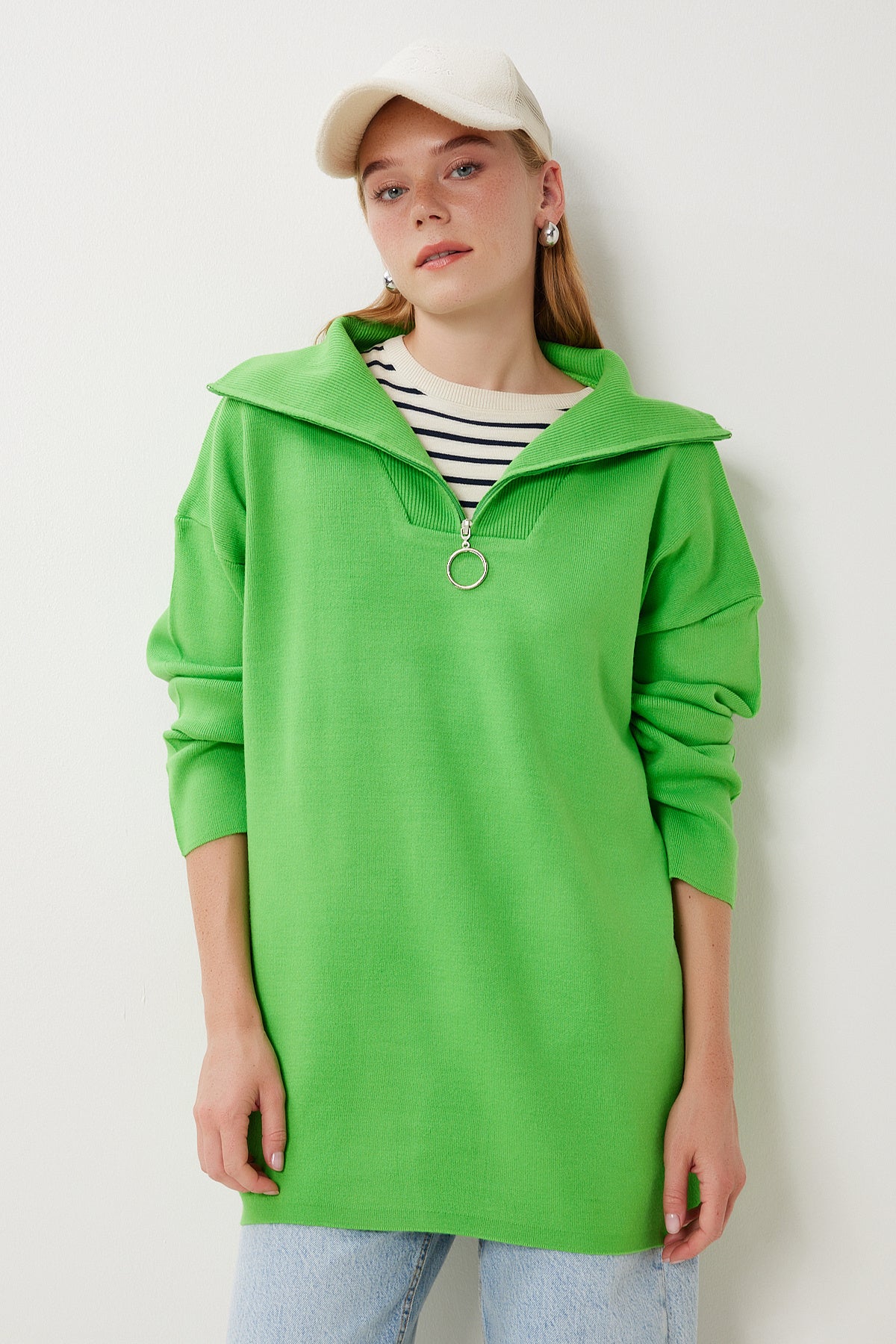 Fıstık Yeşili Fermuarlı Oversize Triko Kazak YY00263