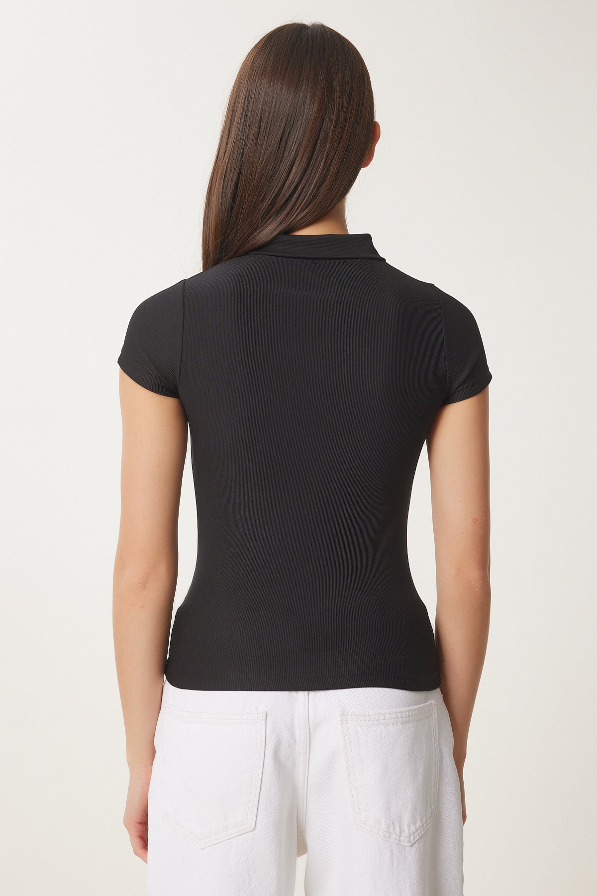 Siyah Polo Yaka Fermuarlı Örme Bluz CI00114