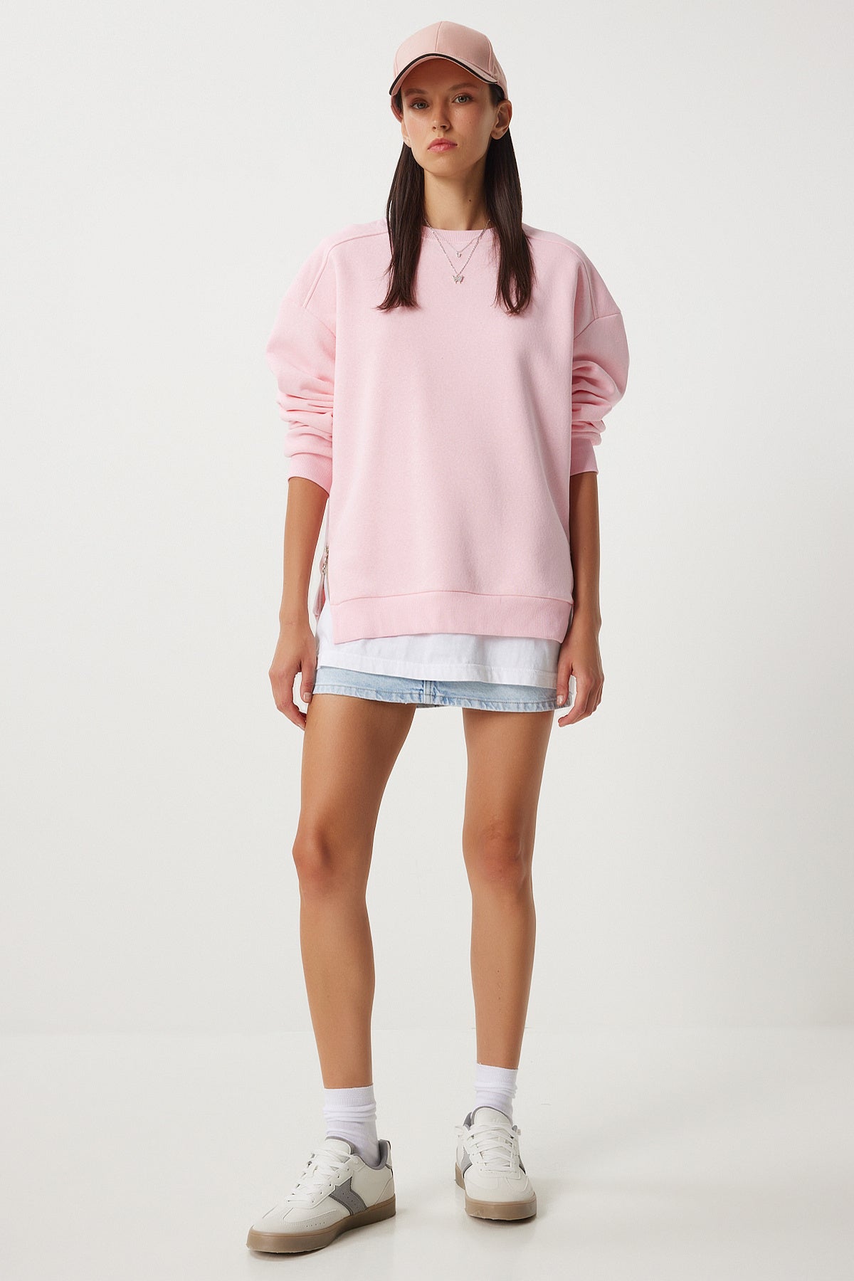 Pembe Fermuar Detaylı Şardonlu Örme Sweatshirt UB00148