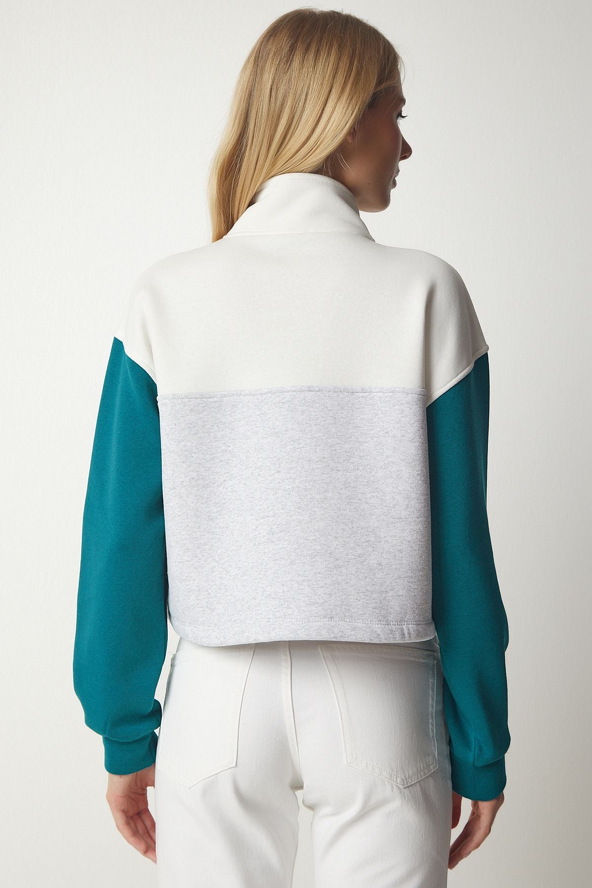 Gri Zümrüt Yeşili Fermuarlı Yaka Şardonlu Örme Crop Sweatshirt NJ00130