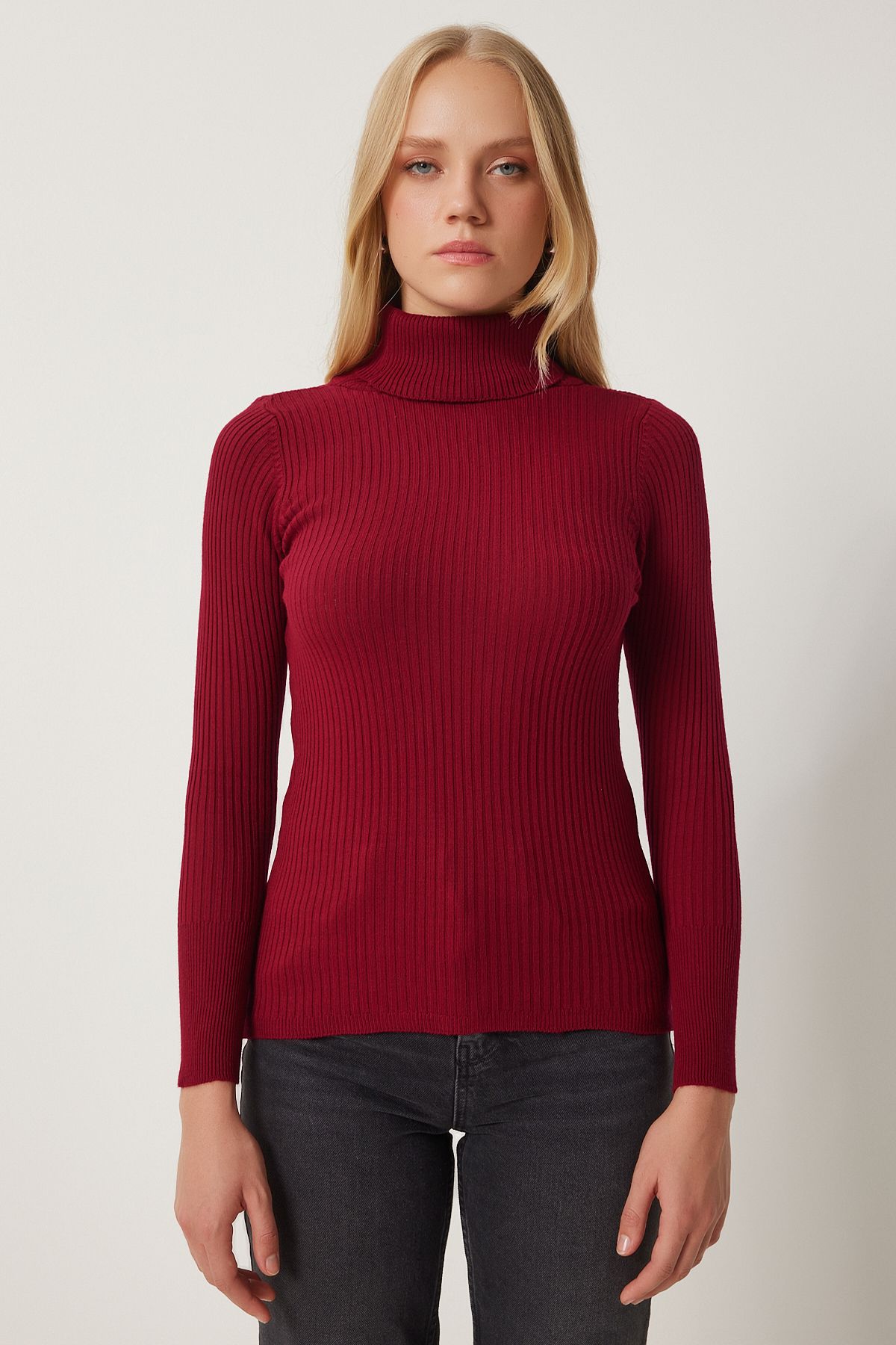 Bordo Boğazlı Fitilli Likralı Kazak DD01007