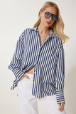 Lacivert Beyaz Çizgili Oversize Dokuma Gömlek DP00259
