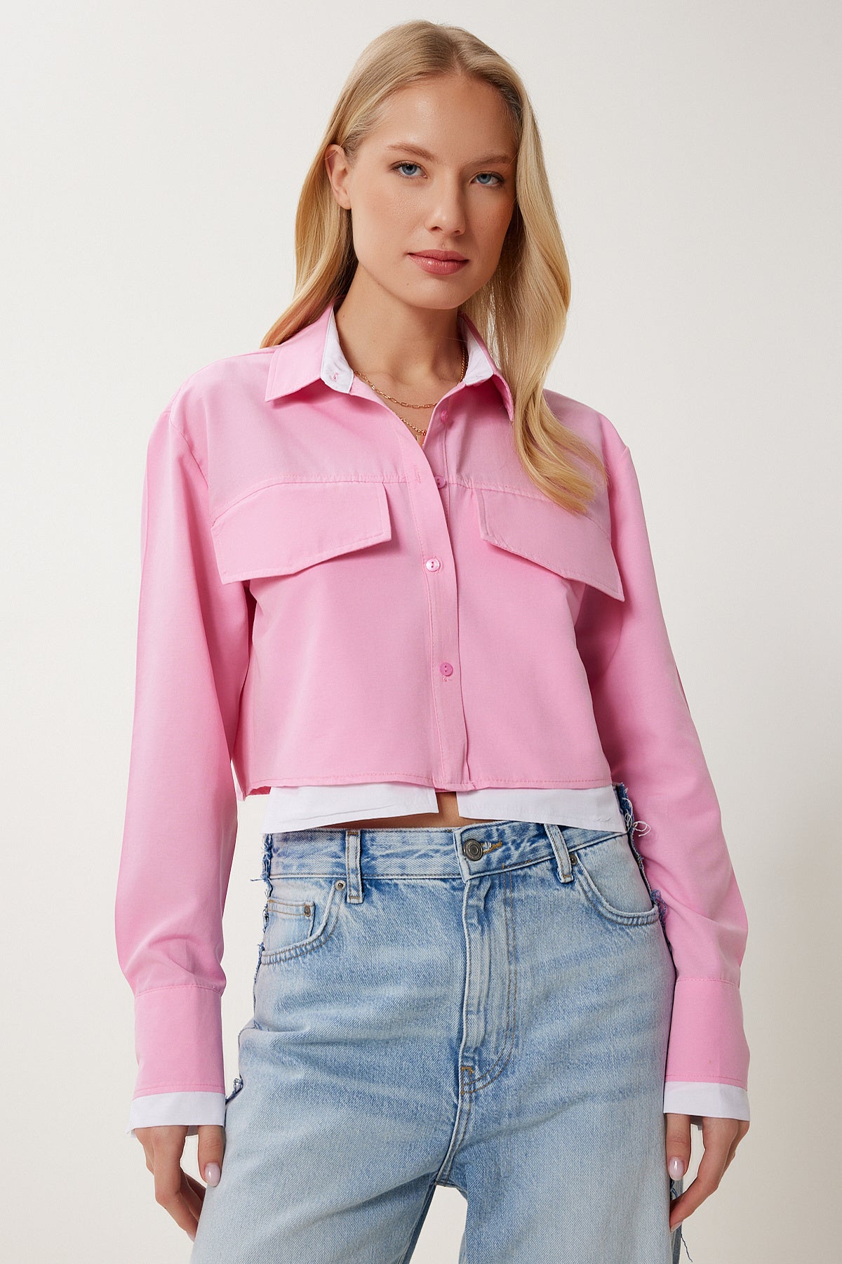 Pembe Kontrast Renkli Dokuma Crop Gömlek MX00184