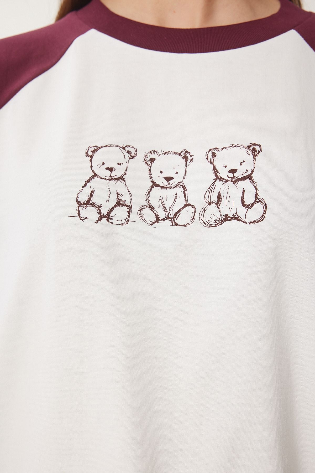 Bordo Kemik Ayıcık Baskılı Pamuklu Örme T-Shirt CR00477