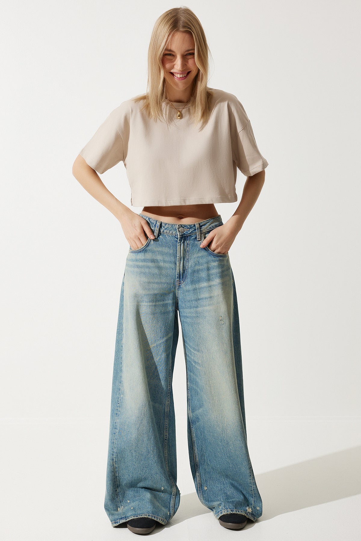 Bej %100 Pamuk Oversize Crop Örme T-Shirt BP00164