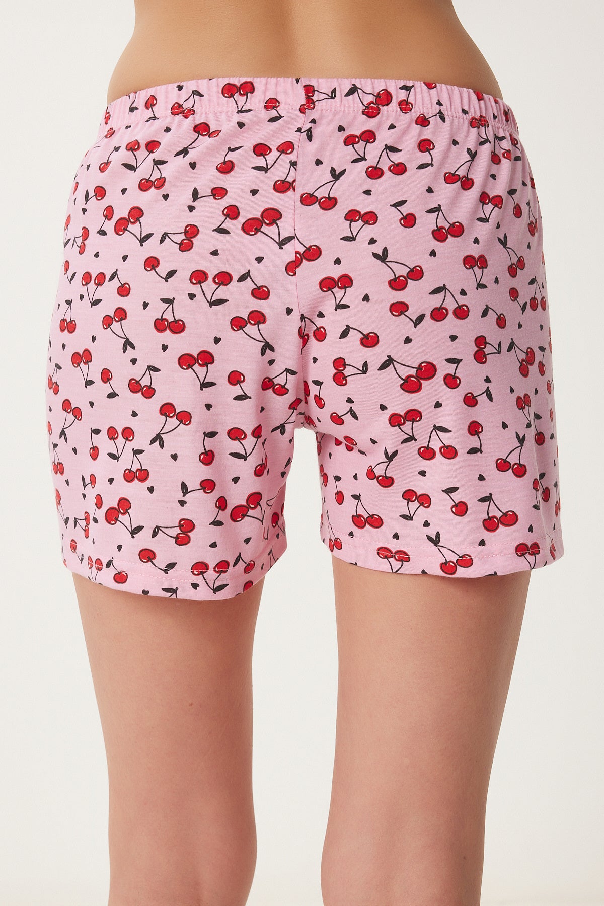 Koyu Pembe Beyaz Baskılı Şortlu Örme Pijama Takımı CE00096