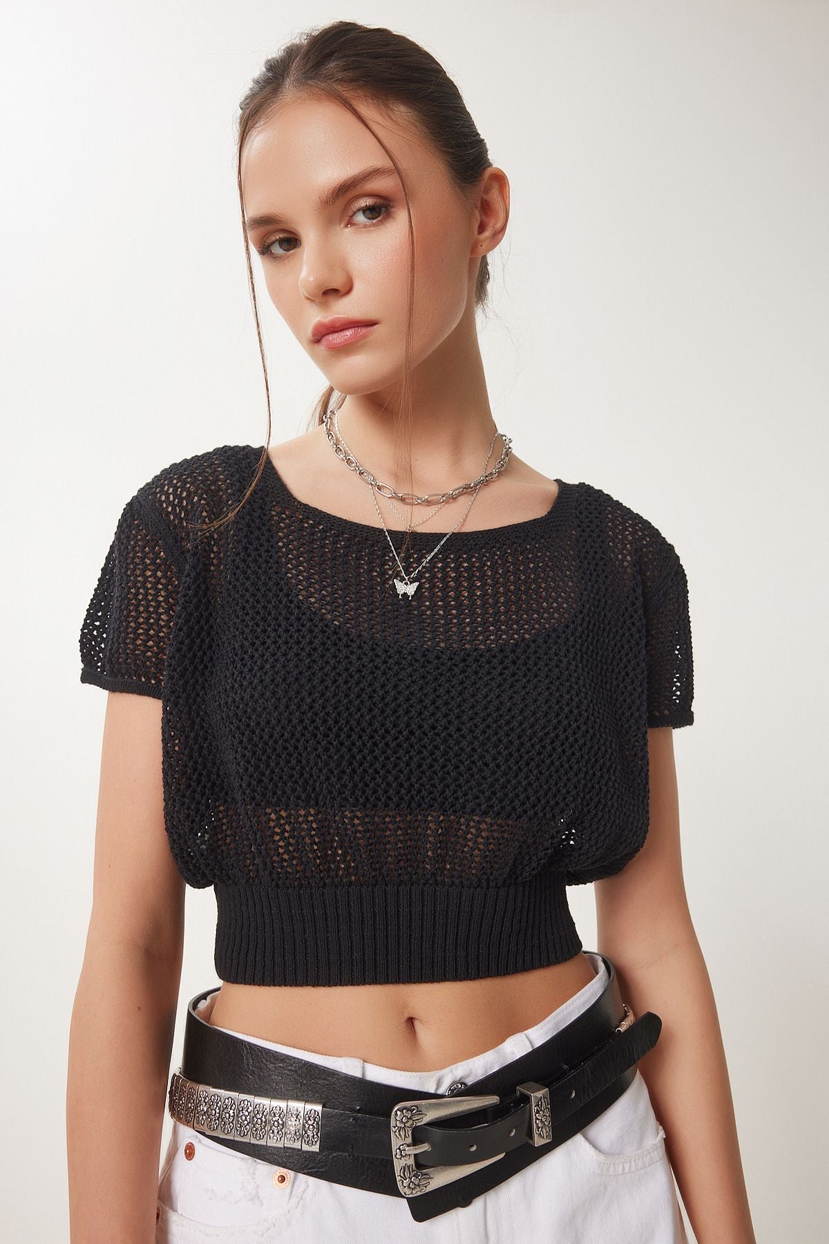 Siyah Ajurlu Yazlık Crop Triko Bluz ZA00076