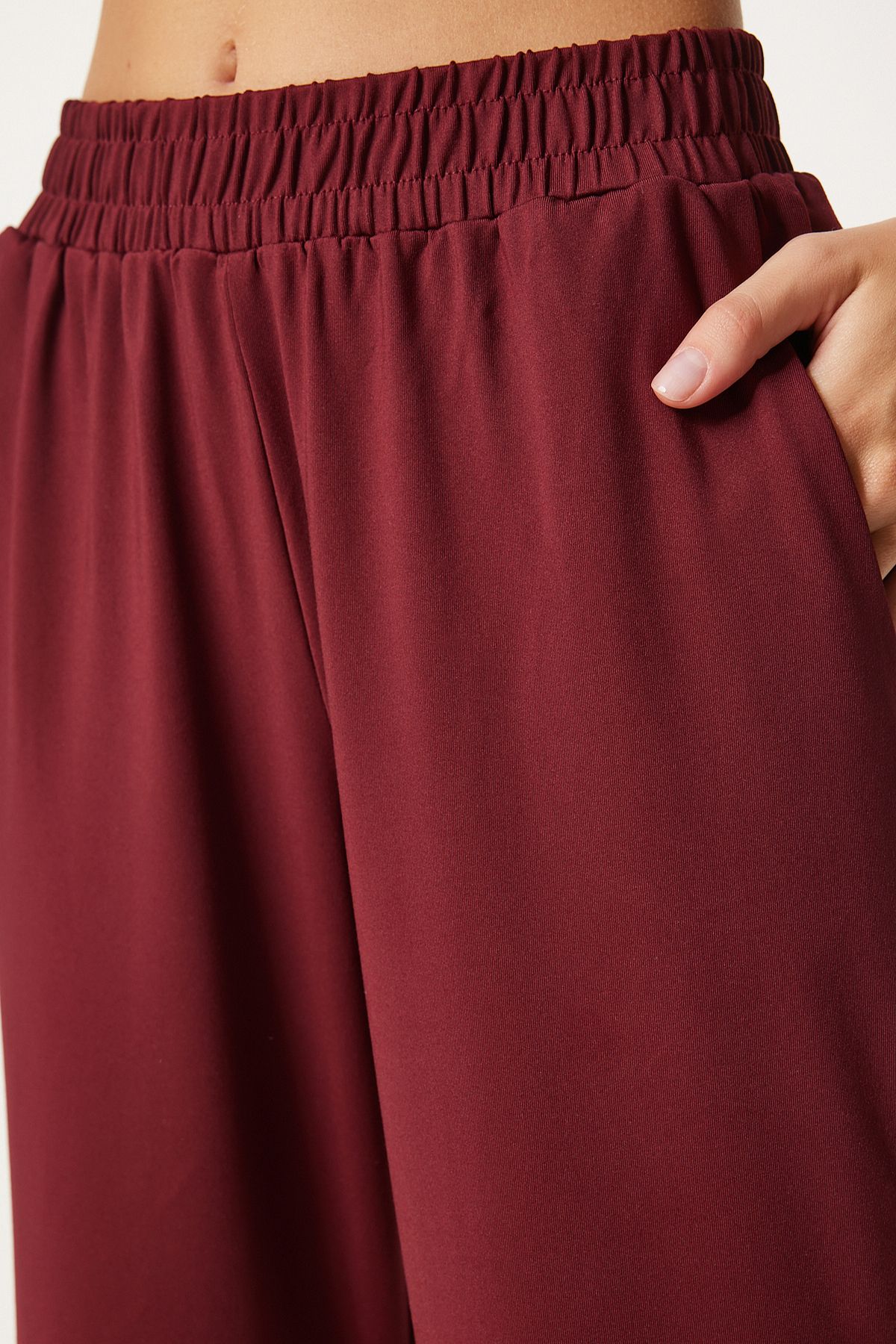 Bordo Crop T-Shirt Jogger Altlı Örme Eşofman Takımı FN03316
