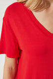 Kırmızı V Yaka Basic Viskon Örme T-Shirt EN00613