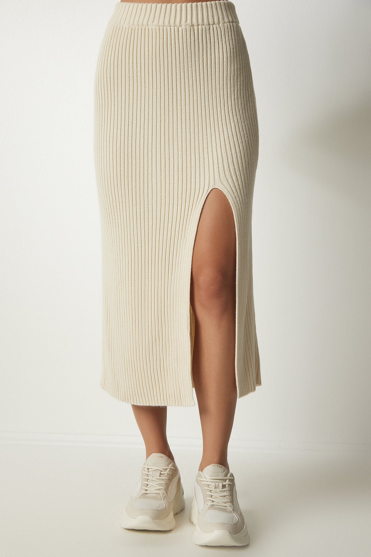 Krem Fitilli Crop Etek Triko Takım PF00020