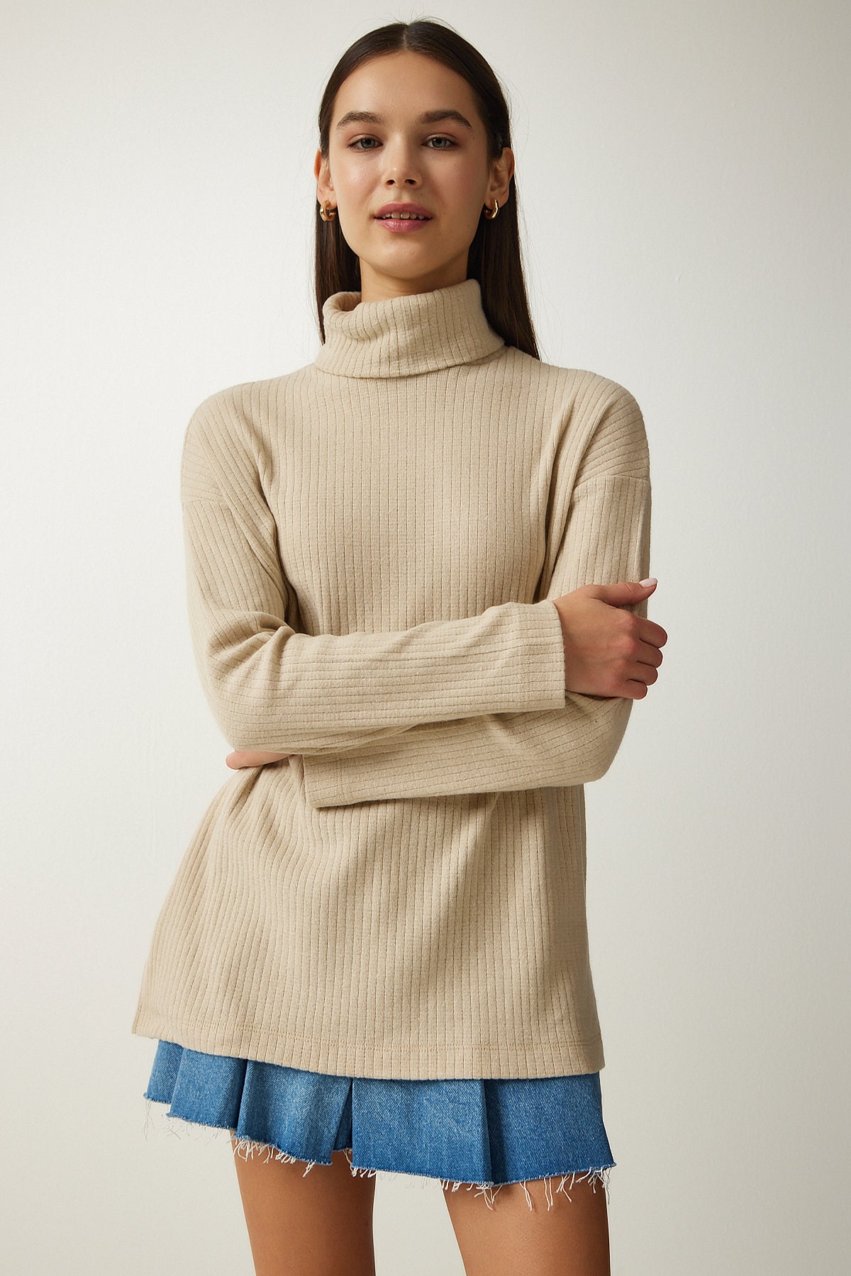 Bej Balıkçı Yaka Fitilli Oversize Örme Bluz UB00213