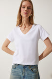 Beyaz V Yaka Basic Örme T-Shirt  UB00261