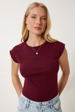 Bordo Kolsuz Esnek Örme T-Shirt ZV00307