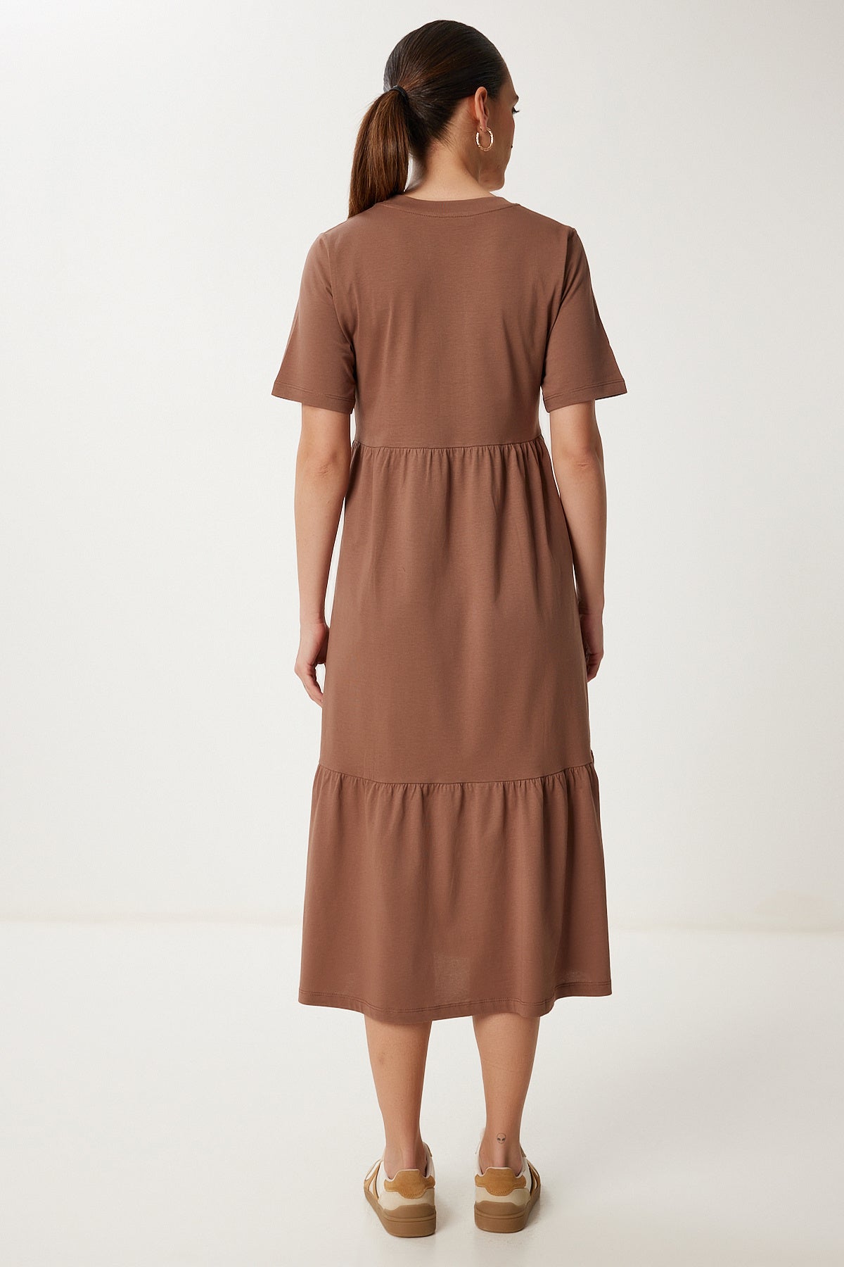 Kahverengi Oversize Volanlı Yazlık Örme Elbise CR00475