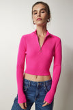 Pembe Fermuarlı Fitilli Crop Triko Kazak PF00027