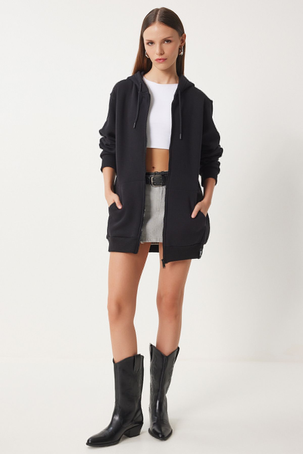 Siyah Kapüşonlu Şardonlu Fermuarlı Oversize Sweatshirt VN00015