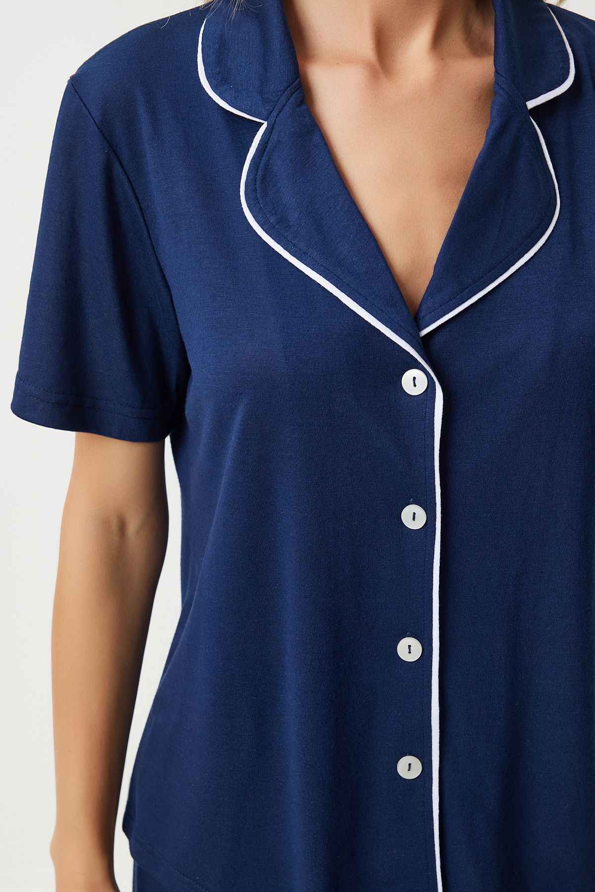 Lacivert Biye Detaylı Gömlek Şort Pijama Takımı EC00039