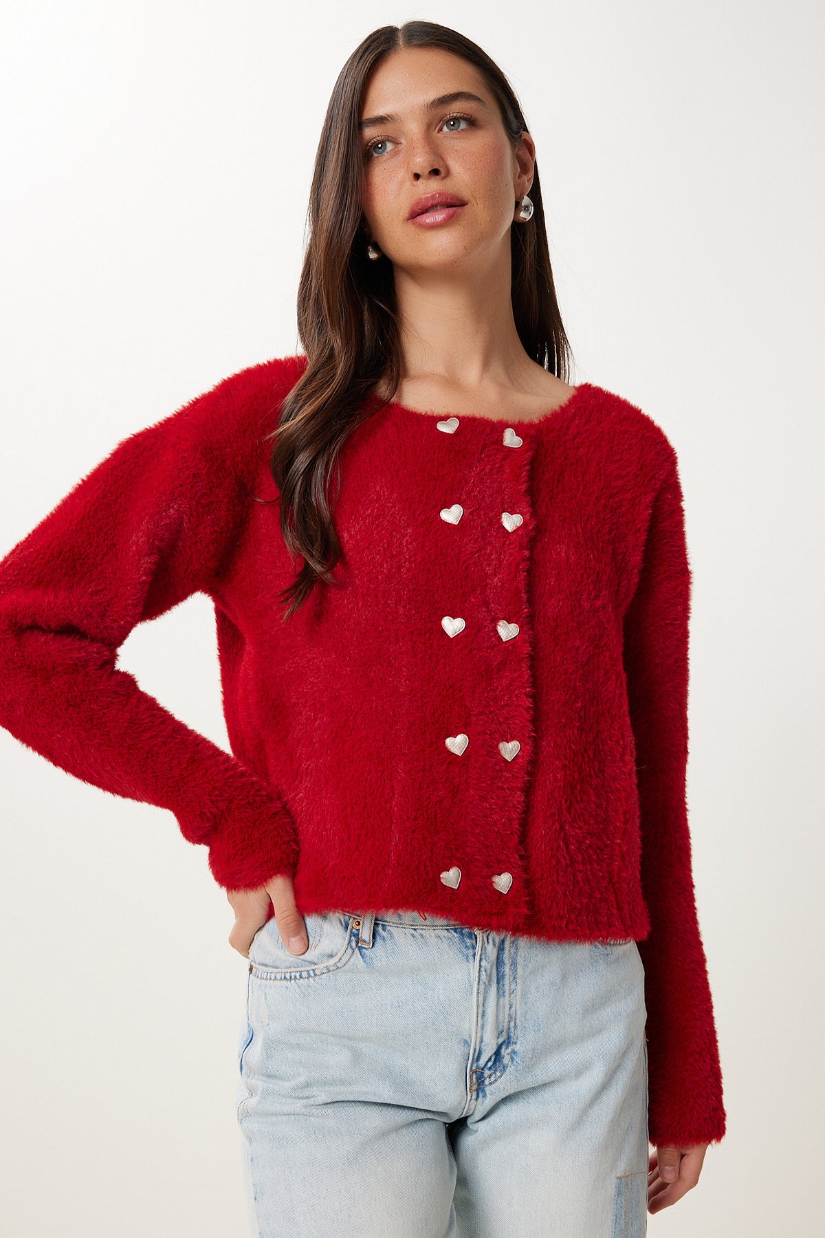 Bordo Kalp Düğmeli Sakallı Yumuşak Triko Hırka CR00524