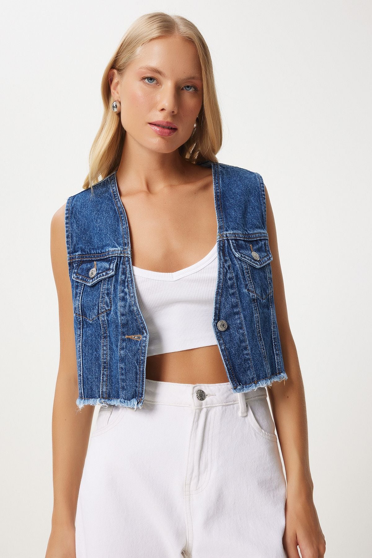 Koyu Mavi Cepli Crop Denim Yelek OK00063