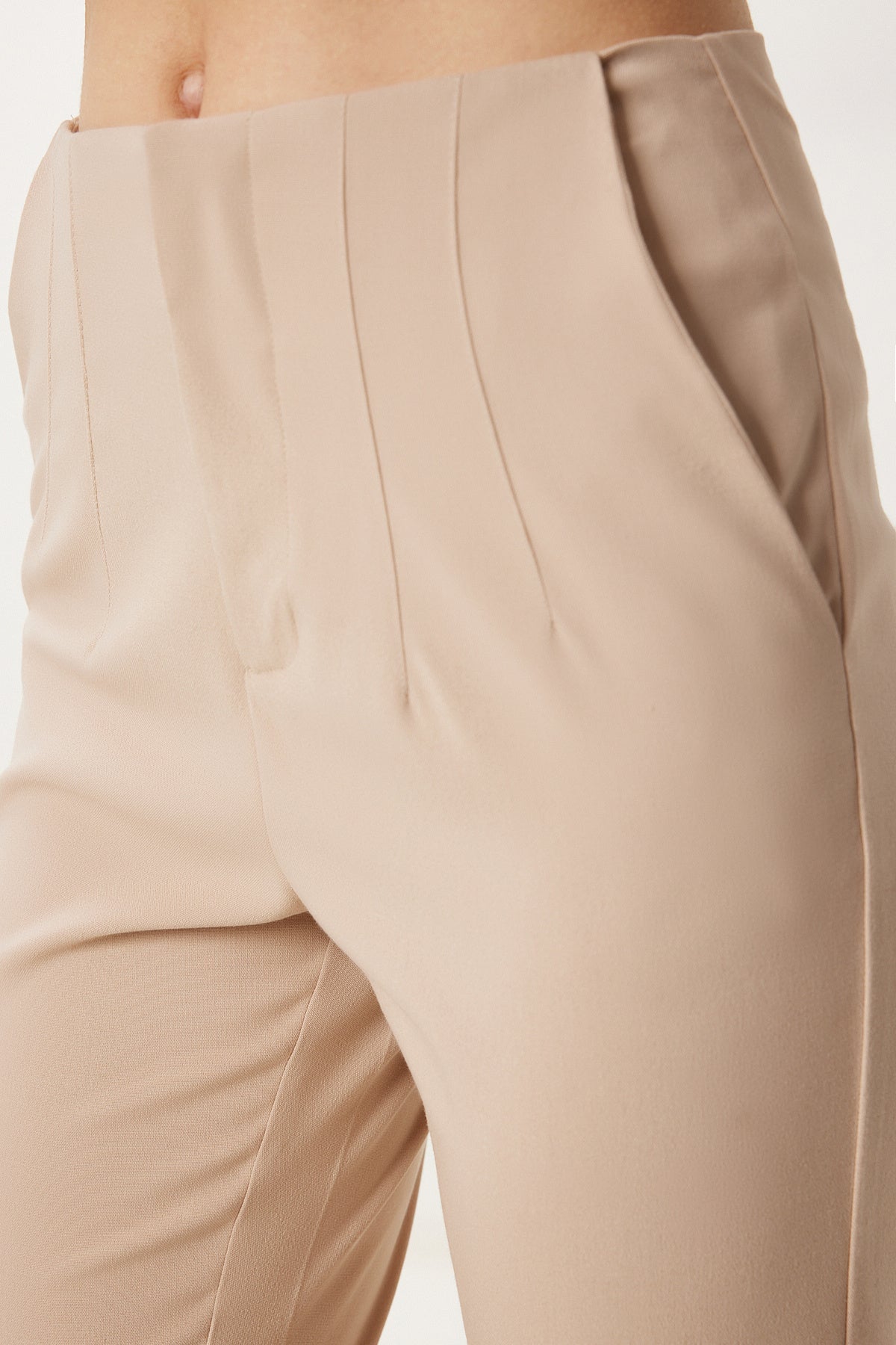 Bej Yüksek Bel Dokuma Pantolon WF00151