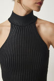 Metalik Siyah Halter Yaka Fitilli Parlak Triko Bluz PF00037