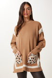 Camel Leopar Cepli Kontrast Renkli Triko Kazak YY00258