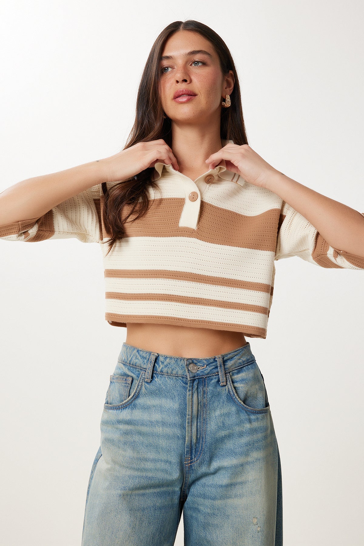 Krem Bej Çizgili Crop Triko Kazak MX00242