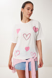Ekru İnci Ve Boncuk Detaylı Baskılı Örme T-Shirt PB00029