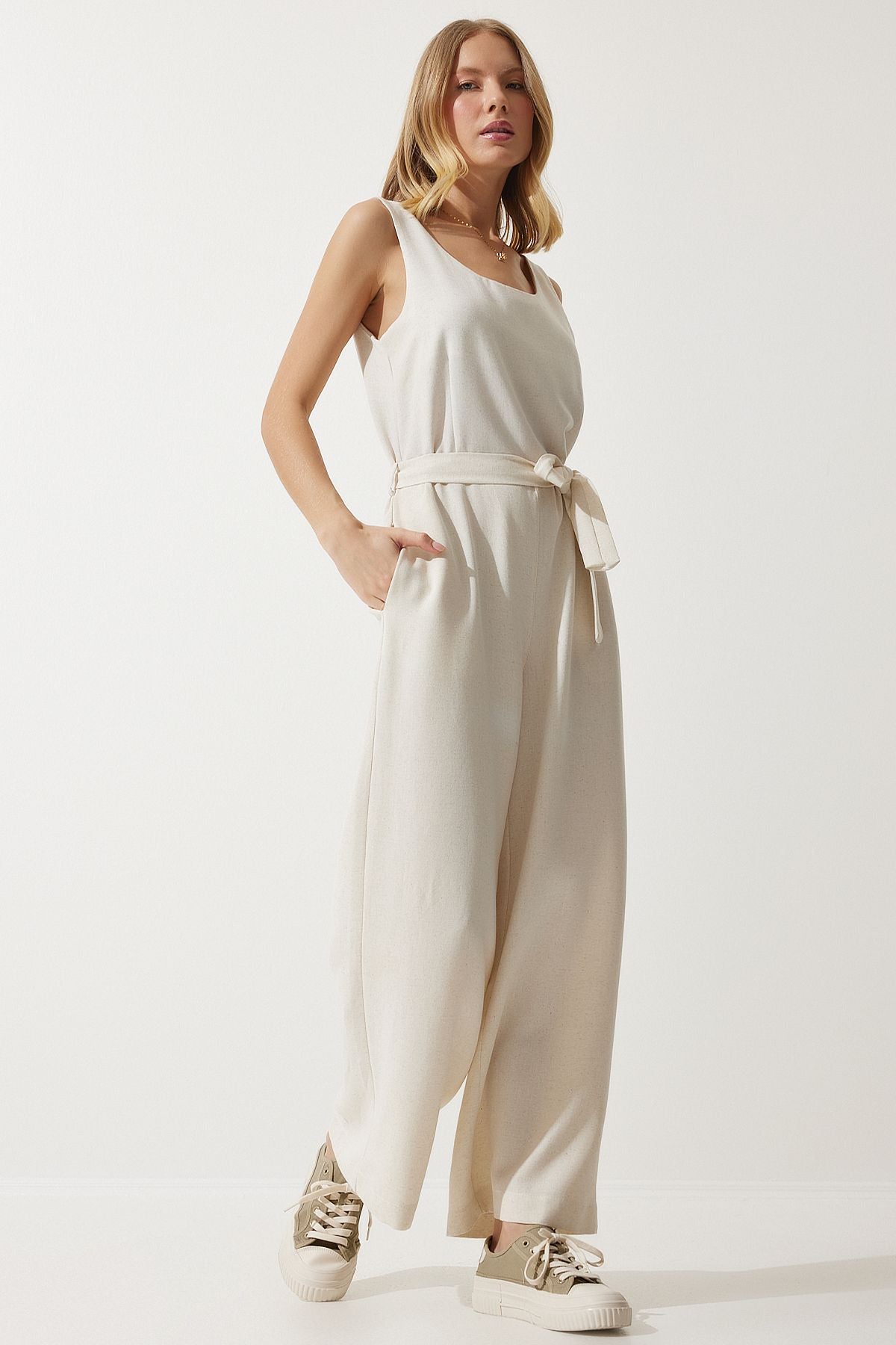 Krem Kuşaklı Keten Tulum MC00282