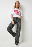Siyah Kahverengi Leopar Desenli Straight Jeans UT00012