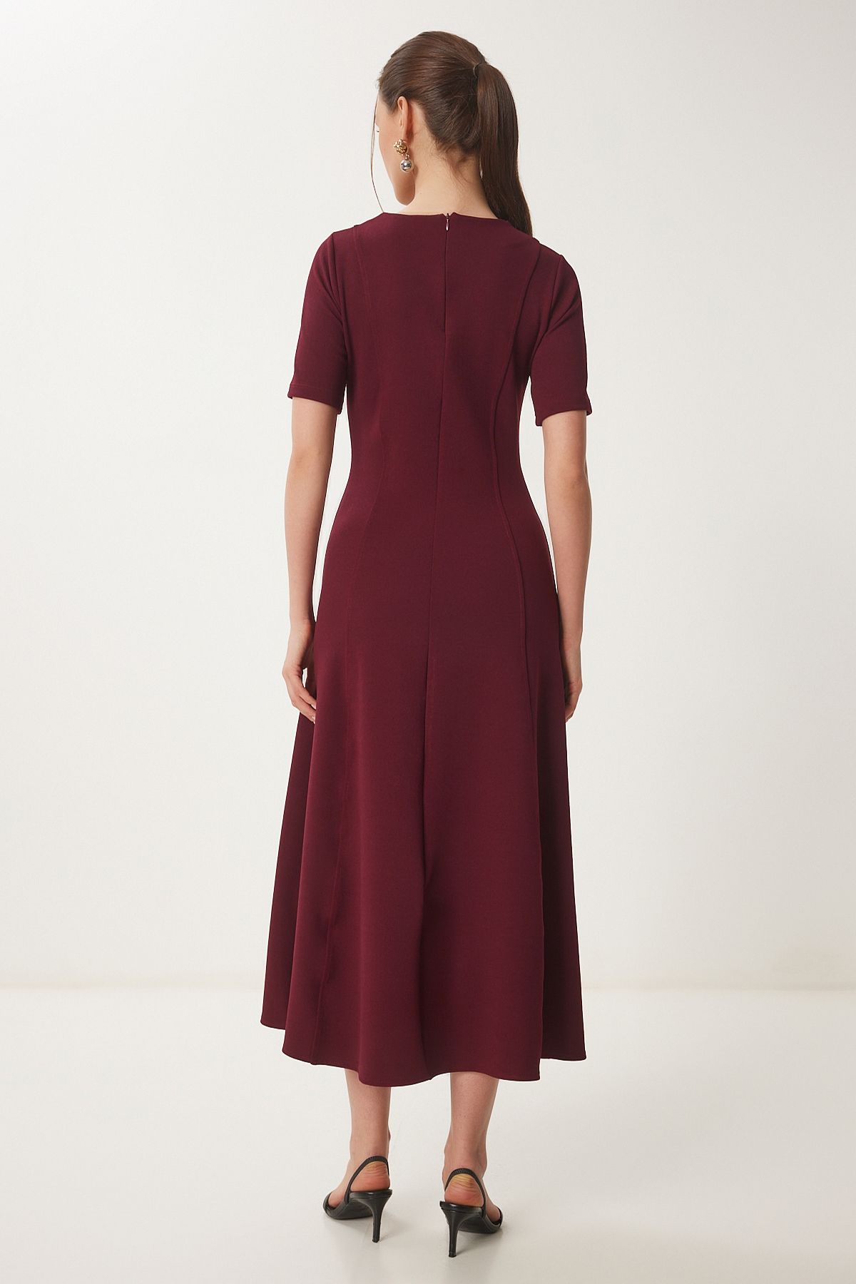 Bordo Kloş Midi Yazlık Örme Elbise ZH00047