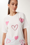 Ekru İnci Ve Boncuk Detaylı Baskılı Örme T-Shirt PB00029