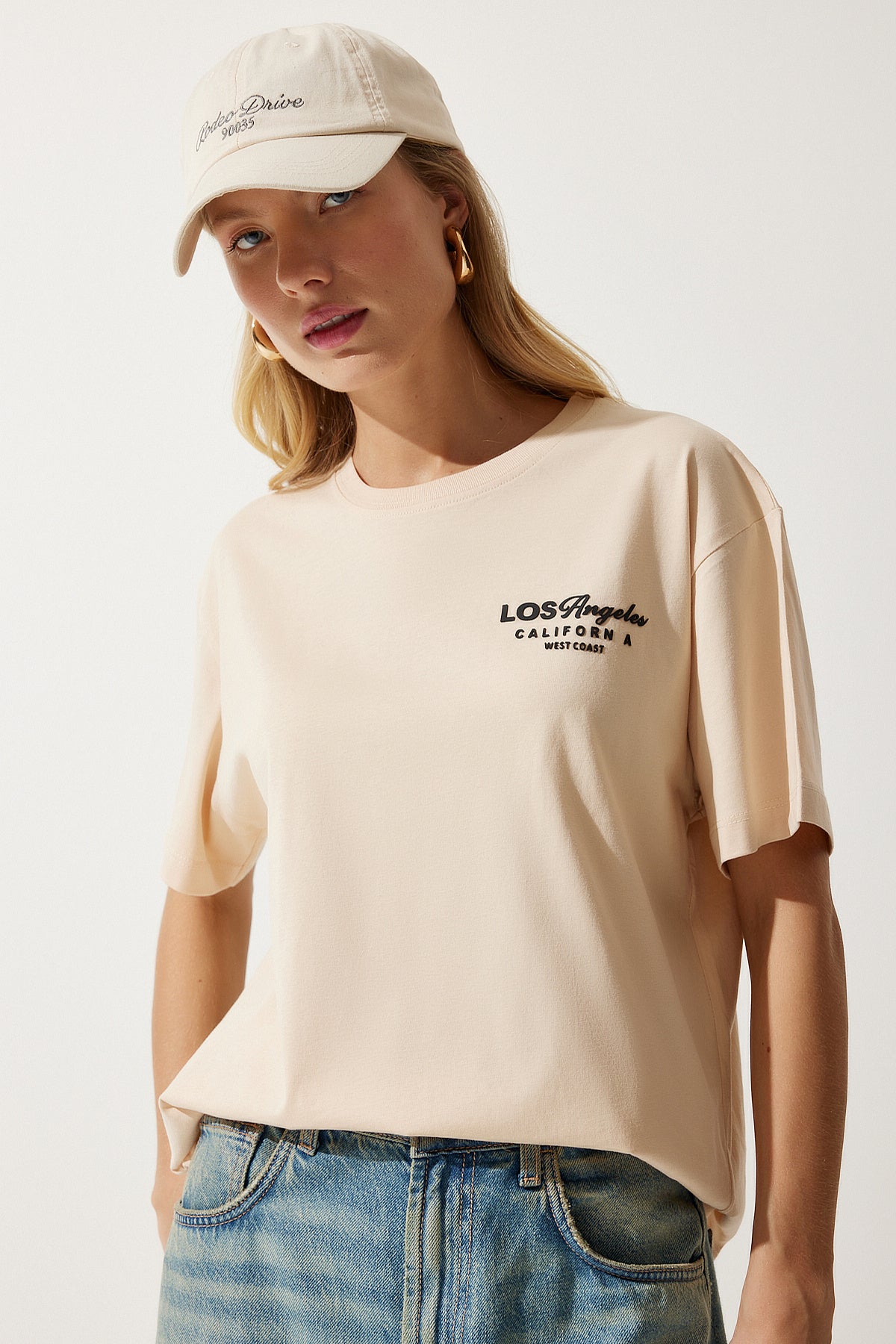 Krem Bisiklet Yaka Baskılı Örme T-Shirt NJ00137