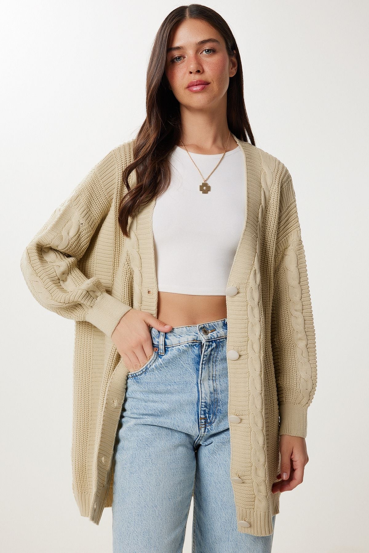 Koyu Krem Balon Kollu Oversize Triko Hırka DD01033