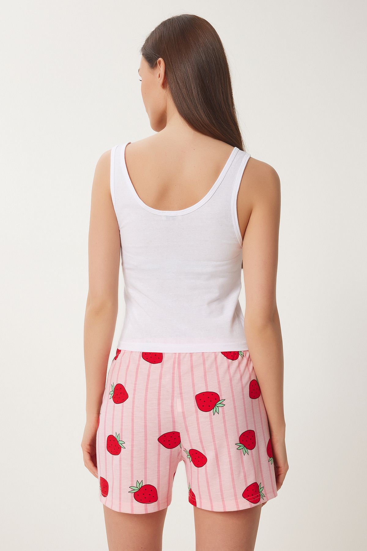 Pembe Beyaz Baskılı Şortlu Örme Pijama Takımı CE00096