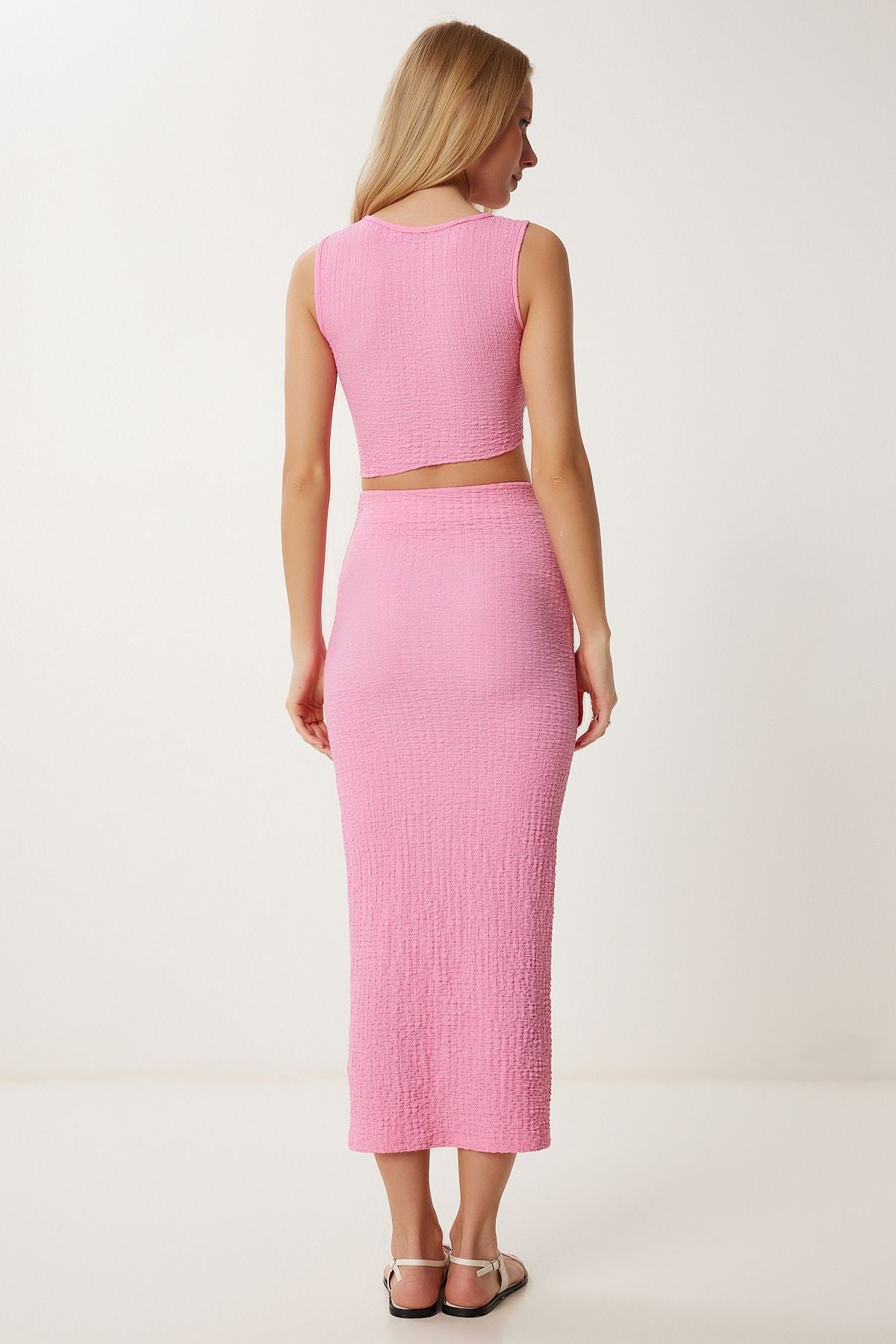 Pembe Dokulu Yazlık Bluz Etek Takım FW00010