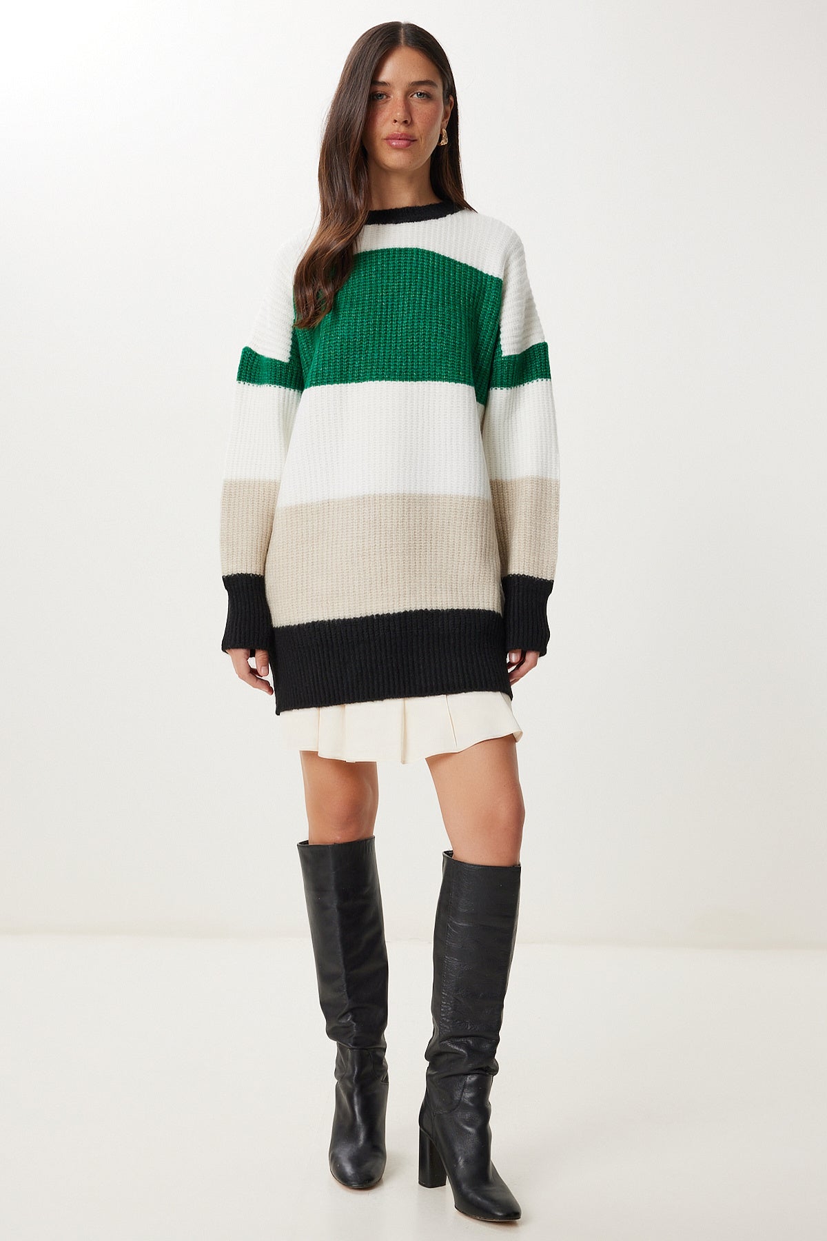 Yeşil Ekru Çizgili Oversize Triko Kazak MX00241