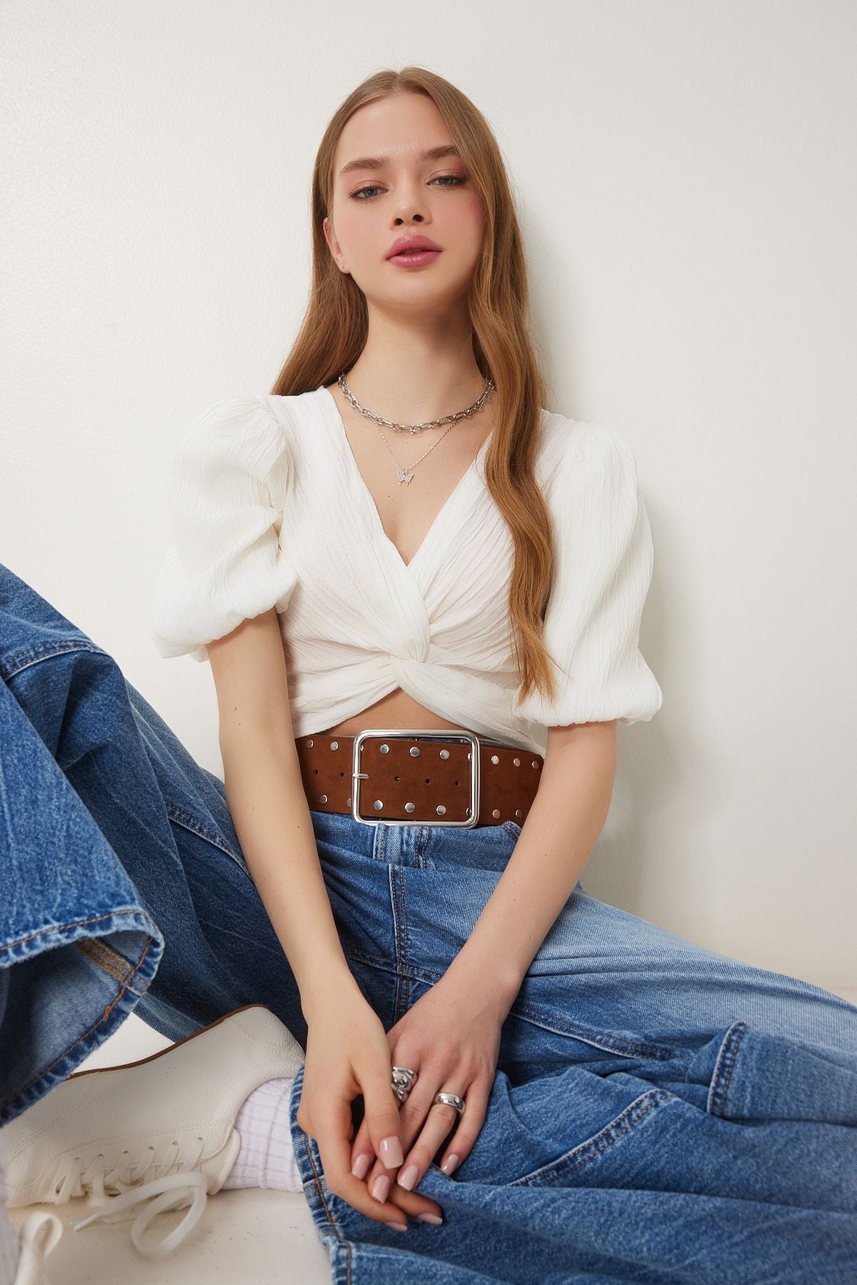 Kemik Balon Kollu Crop Dokuma Bluz RG00052